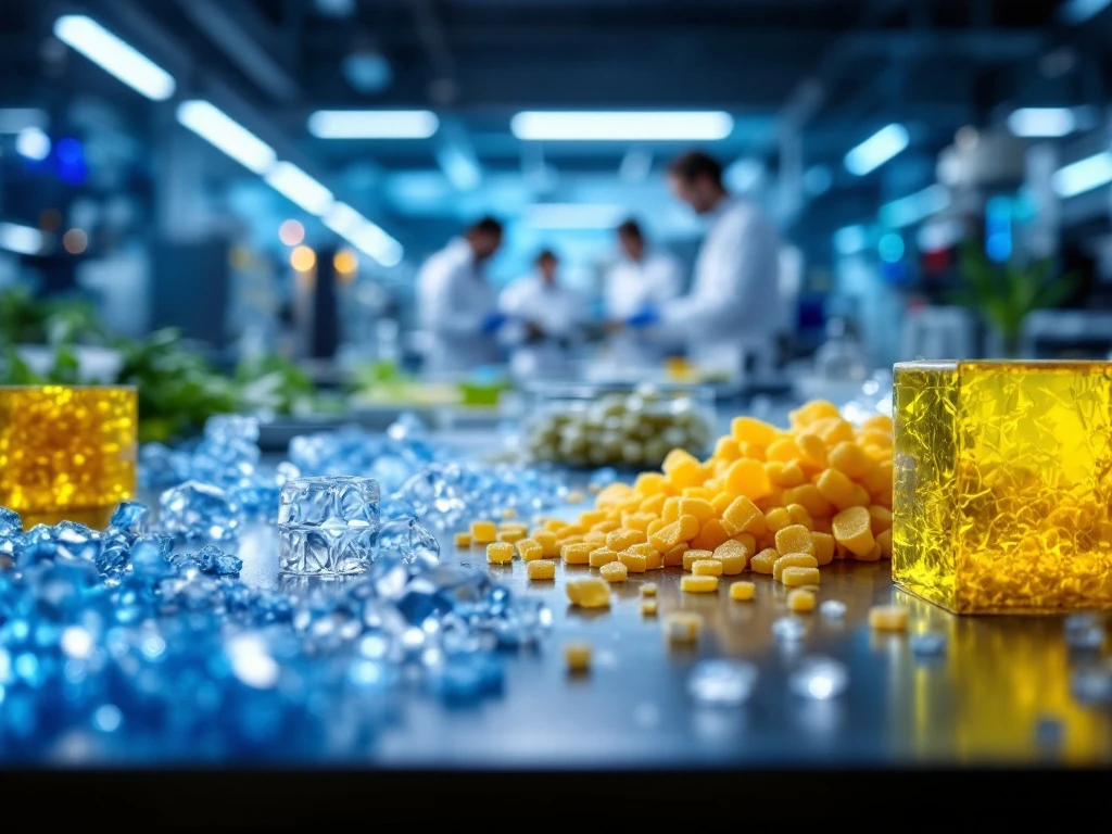 Modern lab with advanced equipment and biopolymers; scientists collaborate in background. Reflects innovation and eco-friendly focus.