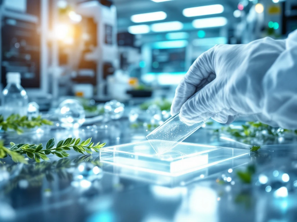 A scientist in a lab applies a shiny coating to a sample, surrounded by symbols of bioeconomy, in a clean, modern setting.